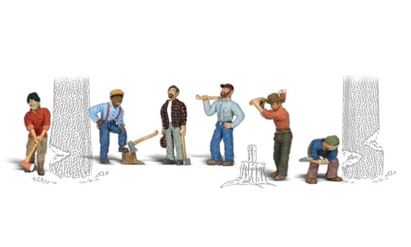 Lumberjacks - O Scale - One man is crouching down to chop, one is taking a full swing, one man is at the end of his swing