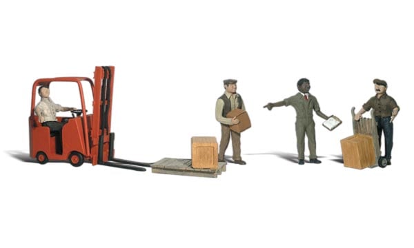 Workers and Forklift - O Scale - Guys work to move crates with a forklift