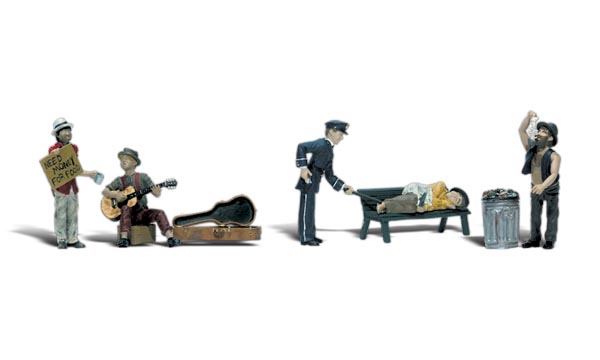 Park Bums - O Scale - Park Bums is a scene, which includes a policeman getting ready to wake a bum as he sleeps on a park bench, a bum searching through the trash, one bum has a &quot;need money for food&quot; sign and one has a guitar