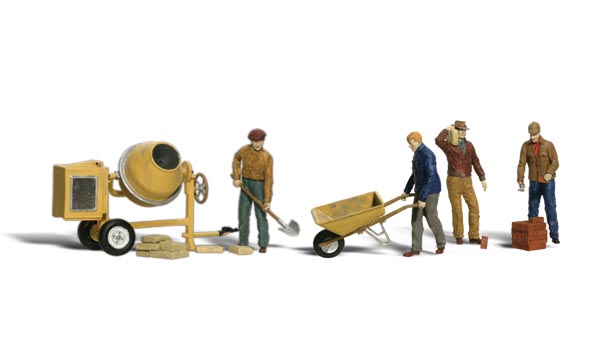Masonry Workers - O Scale - A set of men- One pushes a wheelbarrow, one operates a cement mixer, powered by a generator, and the other men are ready to work