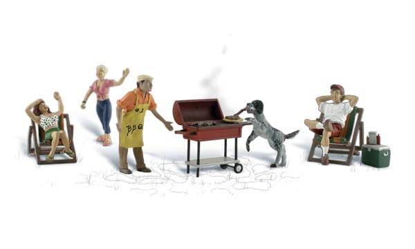 Backyard Barbeque - O Scale - The neighborhood BBQ attracts some two-legged and four-legged friends
