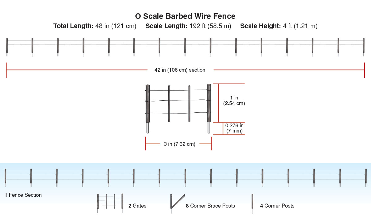 Barbed Wire Fence - O Scale - Line the edge of a pasture with handmade, pre-strung O scale Barbed Wire Fence Barbed Wire Fences come with loose corner post support pieces and feature a double-gate