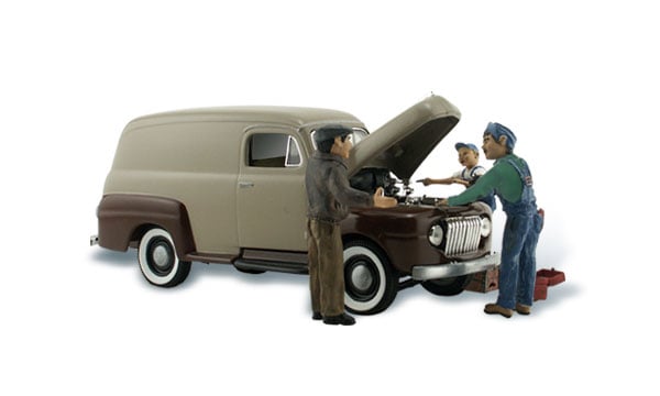 Carburetor Chaos - N Scale - Three shade-tree mechanics discuss the automotive squeaks and whistles of an old panel truck