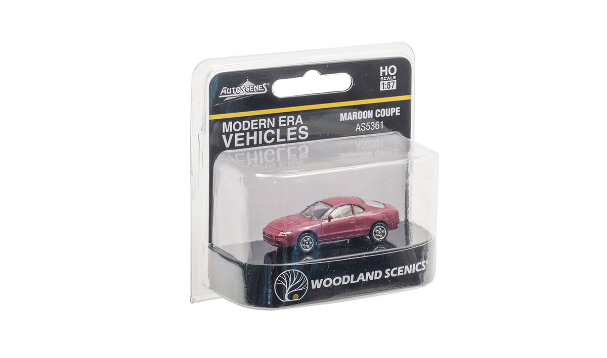 Maroon Coupe - HO Scale - Modern Era Vehicles replicate automobiles manufactured during the last few decades of the 20th century
