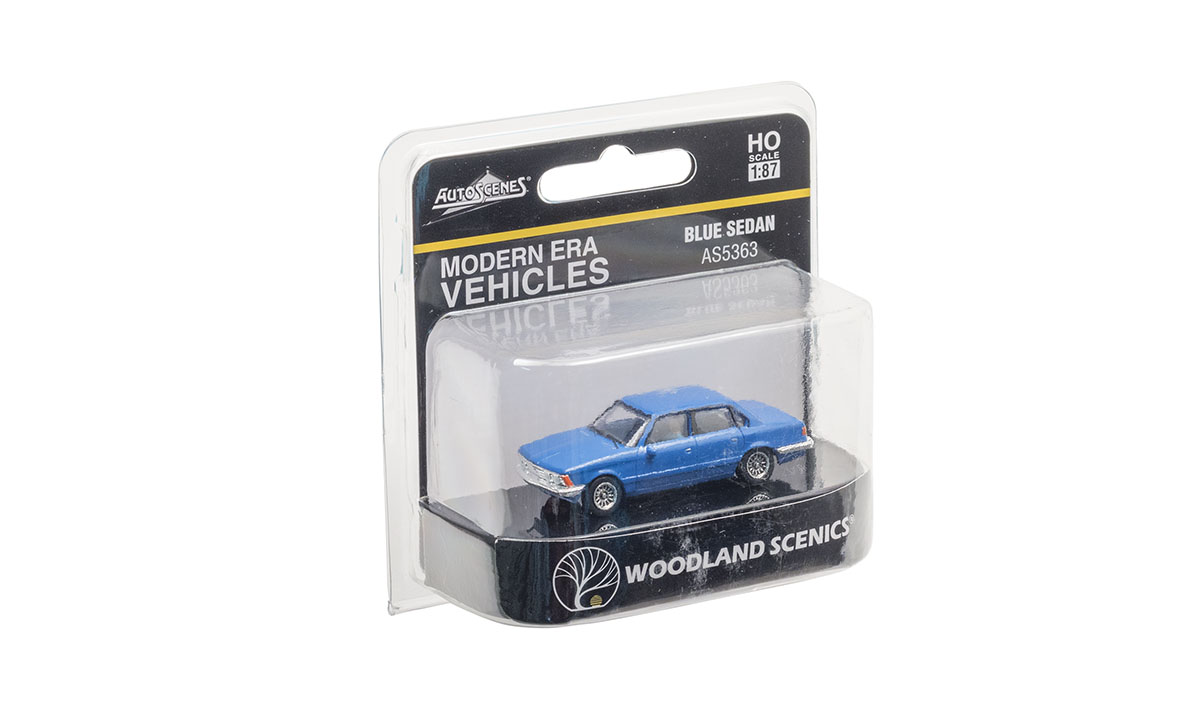 Blue Sedan - HO Scale - Modern Era Vehicles replicate automobiles manufactured during the last few decades of the 20th century