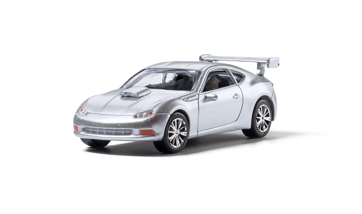 Silver Sports Car - HO Scale - Modern Era Vehicles replicate automobiles manufactured during the last few decades of the 20th century