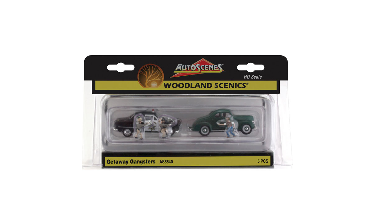 Getaway Gangsters - HO Scale - The cops hide behind their cruiser as they shoot it out with the gangsters, who are fleeing in their getaway car