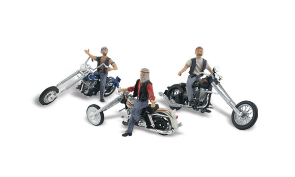 Bad Boy Bikers - HO Scale - Three bad boys, complete with tattoos and ponytails, set ready to ride on their custom choppers