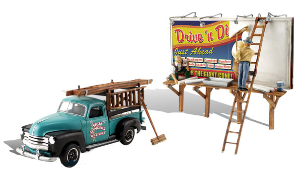 Sign Slingers - HO Scale - Two workers glue a sign in place on one side of a two-sided billboard