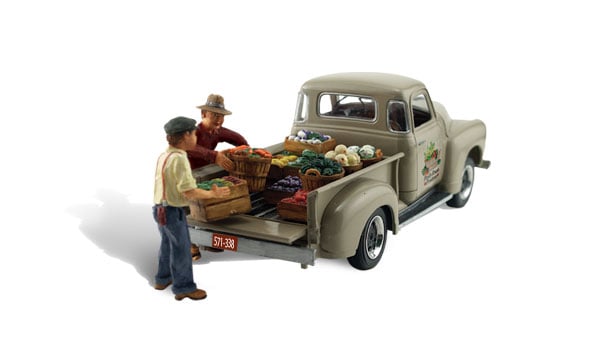 Paul's Fresh Produce - HO Scale - Paul and his helper deliver a pickup truck bed full of the freshest product your layout gardens have to offer