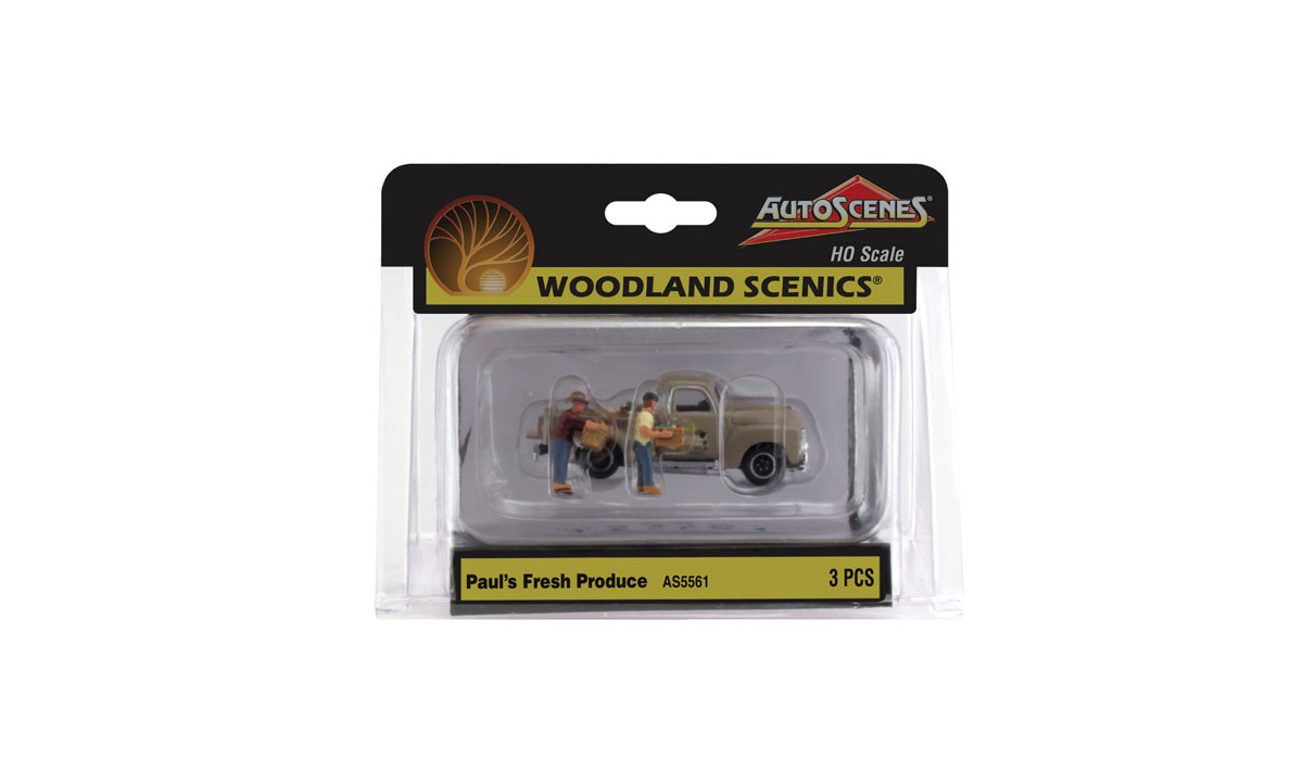 Paul's Fresh Produce - HO Scale - Paul and his helper deliver a pickup truck bed full of the freshest product your layout gardens have to offer