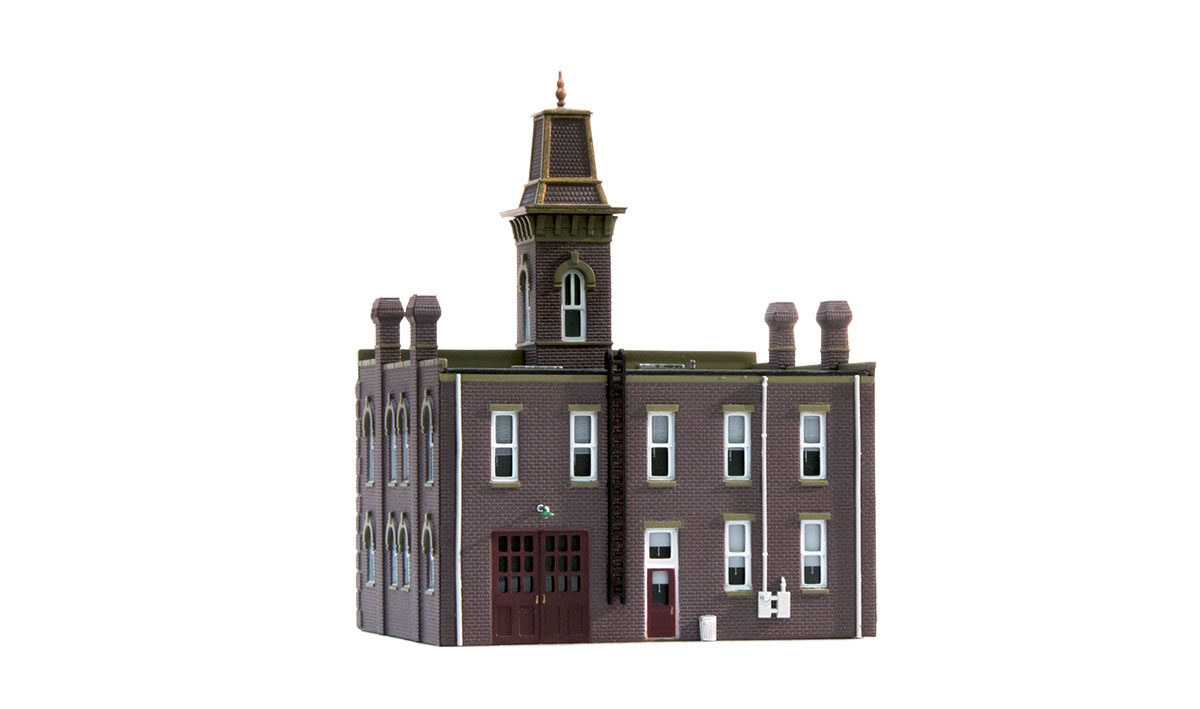 Firehouse - N Scale - It's a three-alarm fire, but your layout residents are sure to receive a quick response from firefighters answering the call