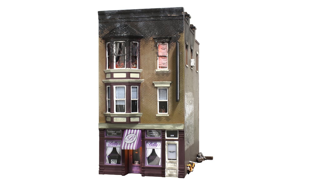 Betty's Burning Building - HO Scale - Betty's is a great building to use at the center of an action-packed layout scene