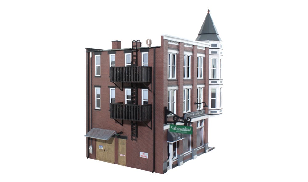 Davenport Department Store - O Scale - The classic Victorian architecture of Davenport Department Store, with its two-story corner turret, will dress up any downtown layout scene