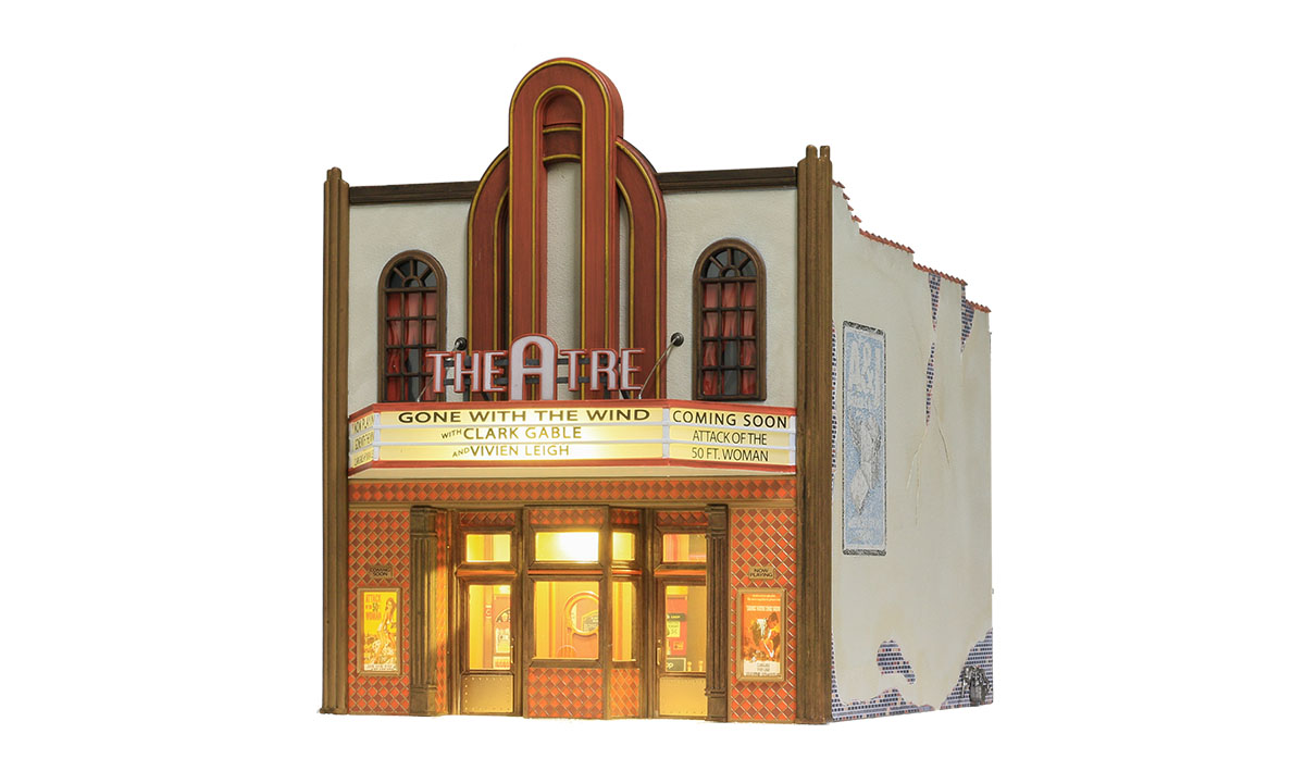 Theatre - O Scale - The Theatre offers classic vintage architecture, an expertly weathered stucco-over-brick exterior, tall arched windows, gilded kick plates on front doors, a decorative tile facade and carved wood trim