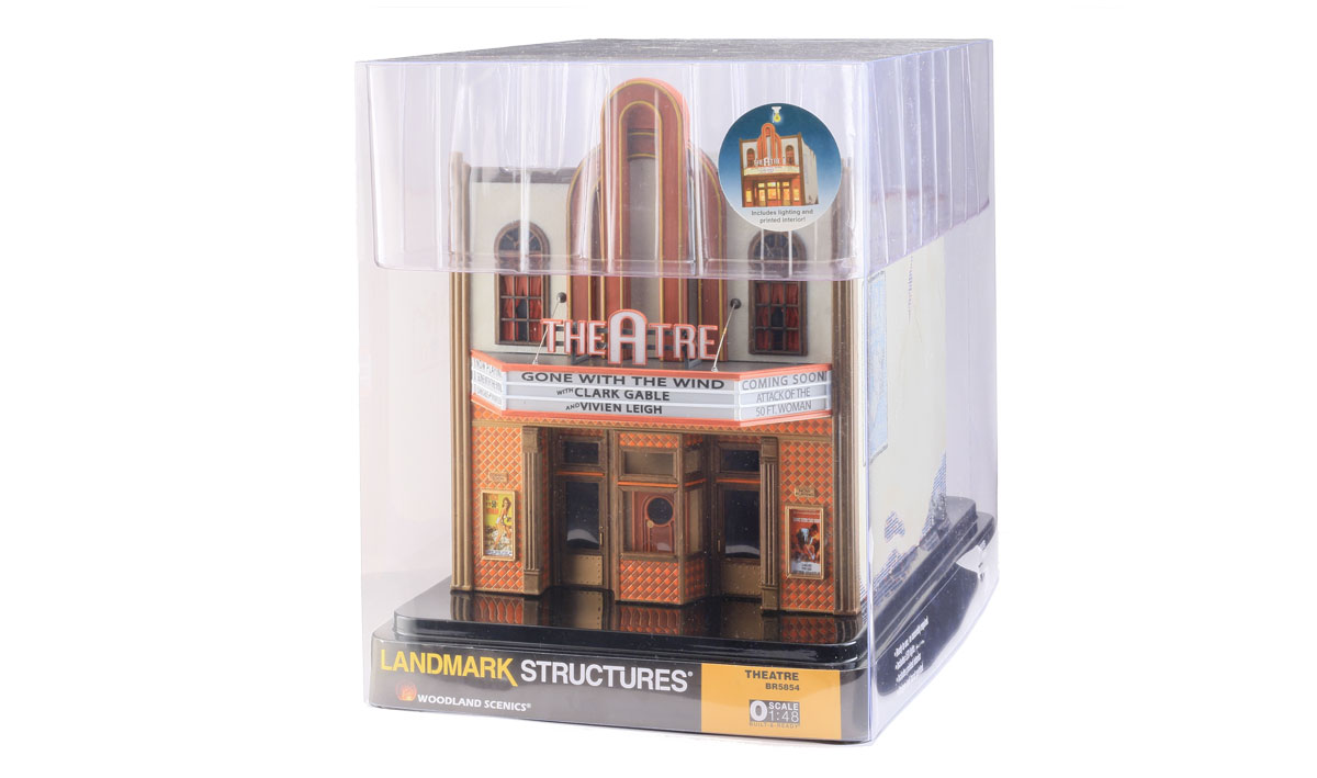 Theatre - O Scale - The Theatre offers classic vintage architecture, an expertly weathered stucco-over-brick exterior, tall arched windows, gilded kick plates on front doors, a decorative tile facade and carved wood trim
