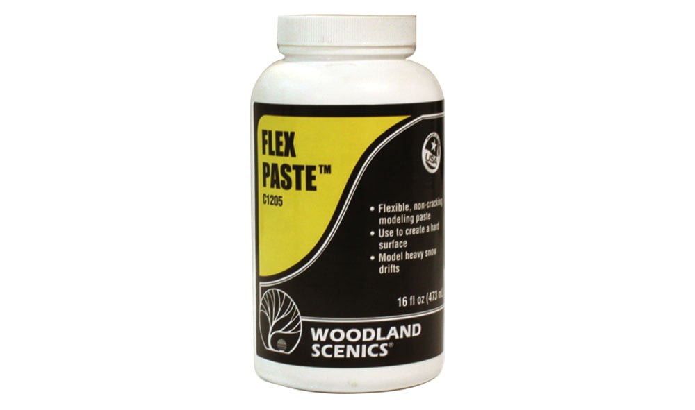 Flex Paste<sup>™</sup> - This flexible, non-cracking modeling paste can be applied in thin layers to prime foam for roads or Plaster Cloth to create water features
