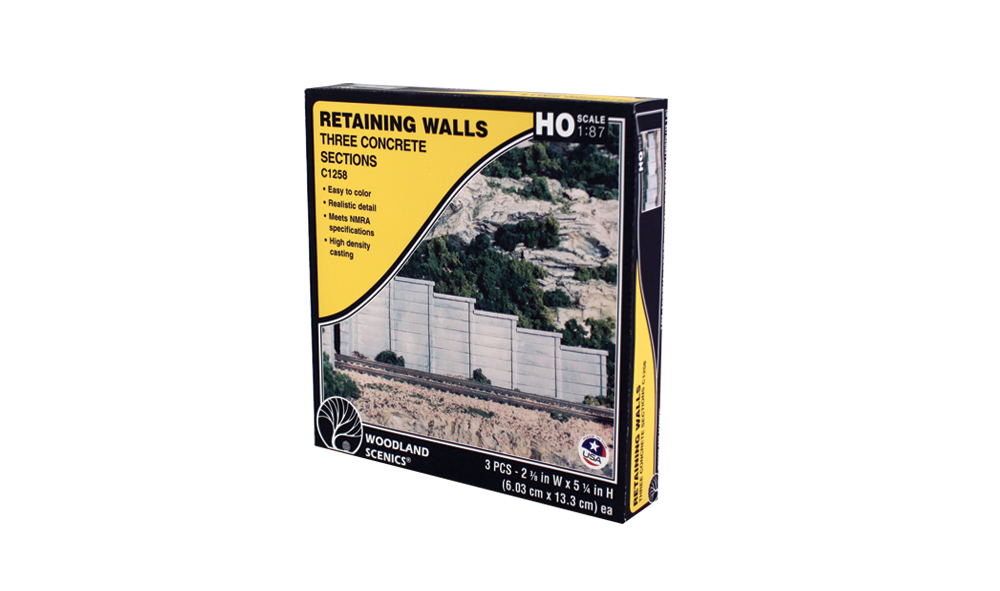 Concrete Retaining Wall - HO Scale - Use Retaining Walls alone, installed adjacent to each other to create straight or curved walls or use with Tunnel Portals