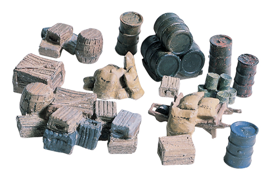 Crates-Barrels-Sacks HO Scale Kit - Detail your layout with this assortment of oil drums, crates, barrels and feed sacks