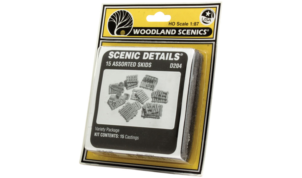 15 Assorted Skids HO Scale Kit - These skids are great for lumberyards, factory scenes and railyards, where the workmen might have unloaded some freight cars
