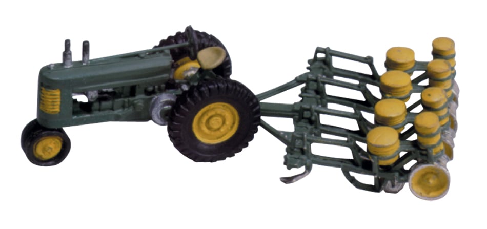 Seeder & Tractor (1938-1946) HO Scale Kit - For any farmer's field, this seeder pulls behind the tractor, dispensing seed into the plowed fields