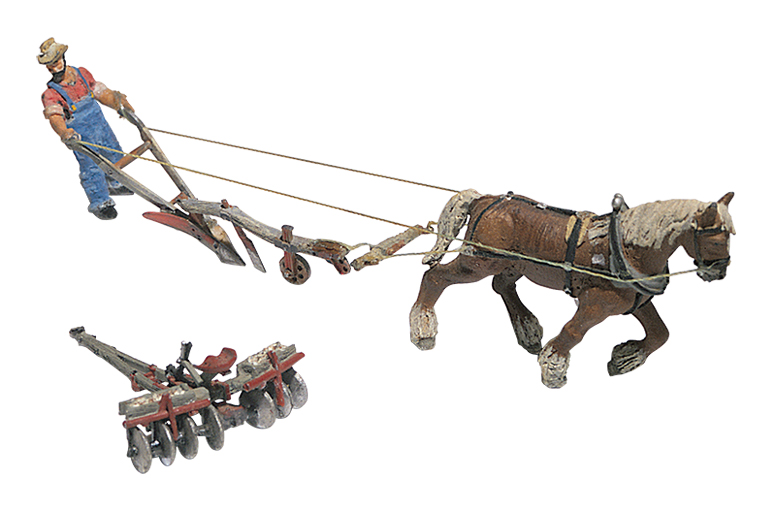 Plow, Disc, Horse & Man HO Scale Kit - This man with his workhorse can plow and disc one acre of farmland a day