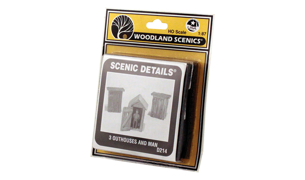 3 Outhouses and Man HO Scale Kit - These outhouses will look great on old farmhouse scenes, by old barns, schoolhouses and at depots