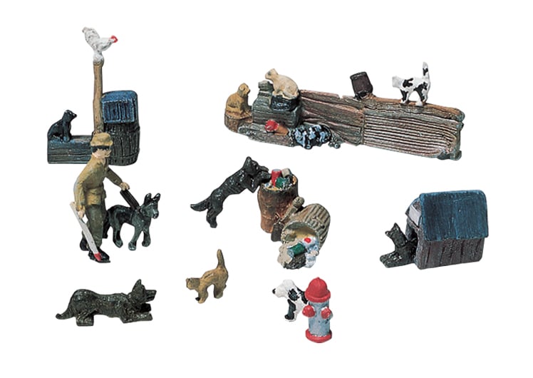 Cats and Dogs HO Scale Kit - A few dogs and cats along with some overturned trash cans and fire hydrants, and you've got quite a mess for the a city scene