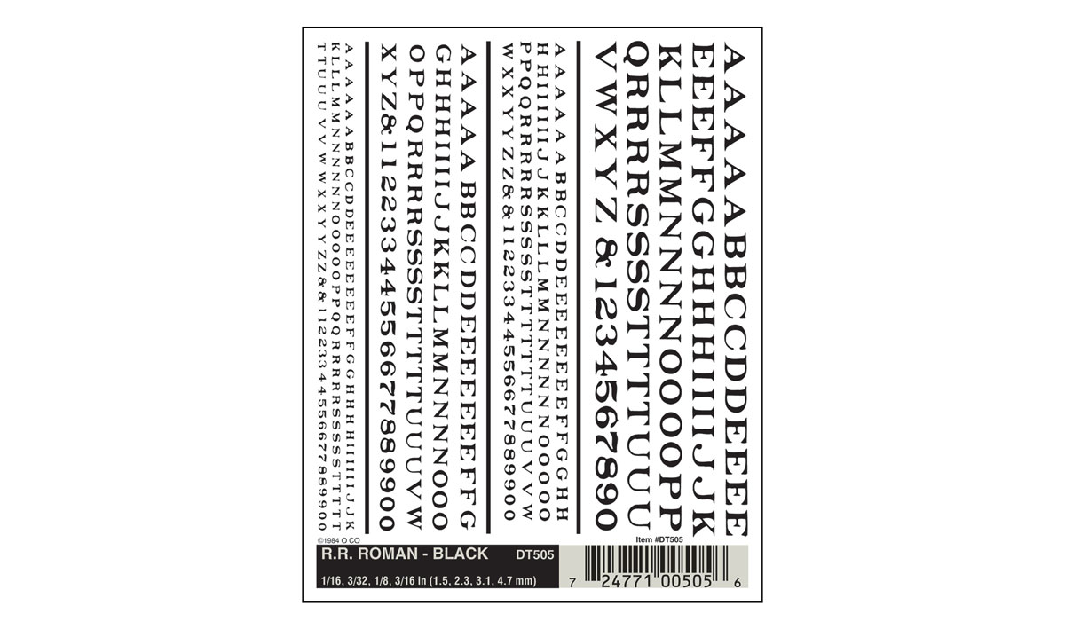 RR Roman Black - Font sizes: 1/16", 3/32", 1/8", 3/16" (1