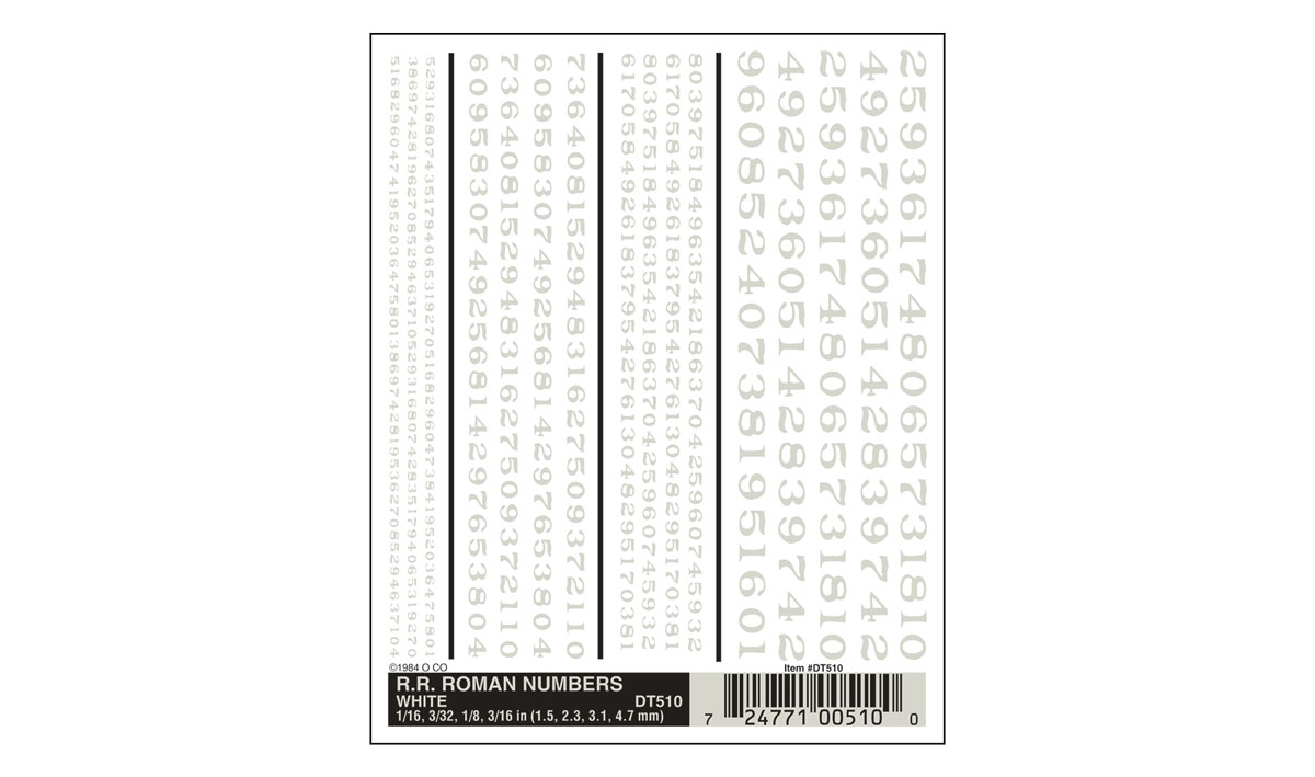 RR Roman Numbers White - Font sizes: 1/16", 3/32", 1/8", 3/16" (1