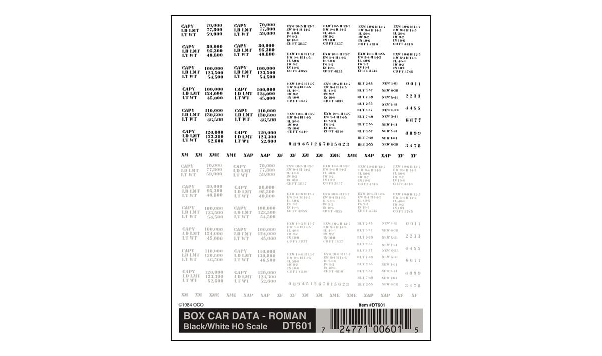 Box Car Data Roman Black/White HO Scale - One sheet: 4" x 5" (10