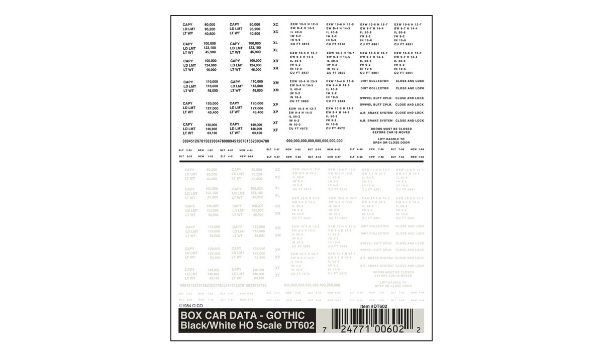 Box Car Data Gothic Black/White HO Scale - One sheet: 4" x 5" (10