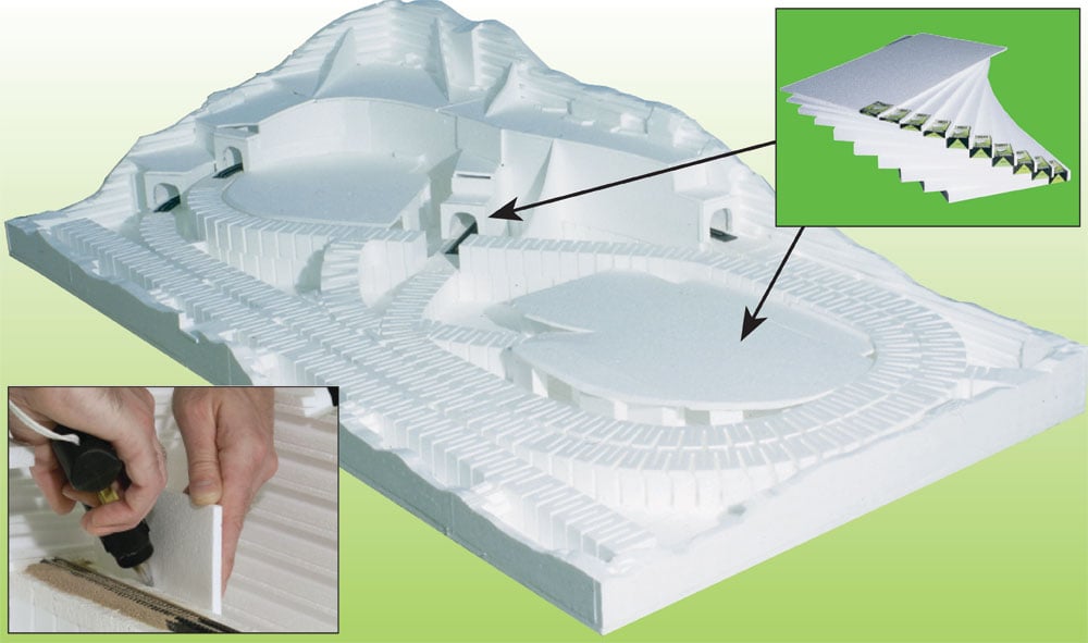 Foam Sheets - Use Foam Sheets as a layout base, to enclose tunnels, build bridges, create interior terrain profiles, form level elevated areas for buildings and towns, to build other structures and for other craft projects
