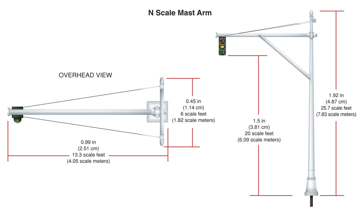 Mast Arm Traffic Lights - N Scale - The Mast Arm Traffic Lights hang over part of the intersection and are used for intersections located on suburban or small-town roads