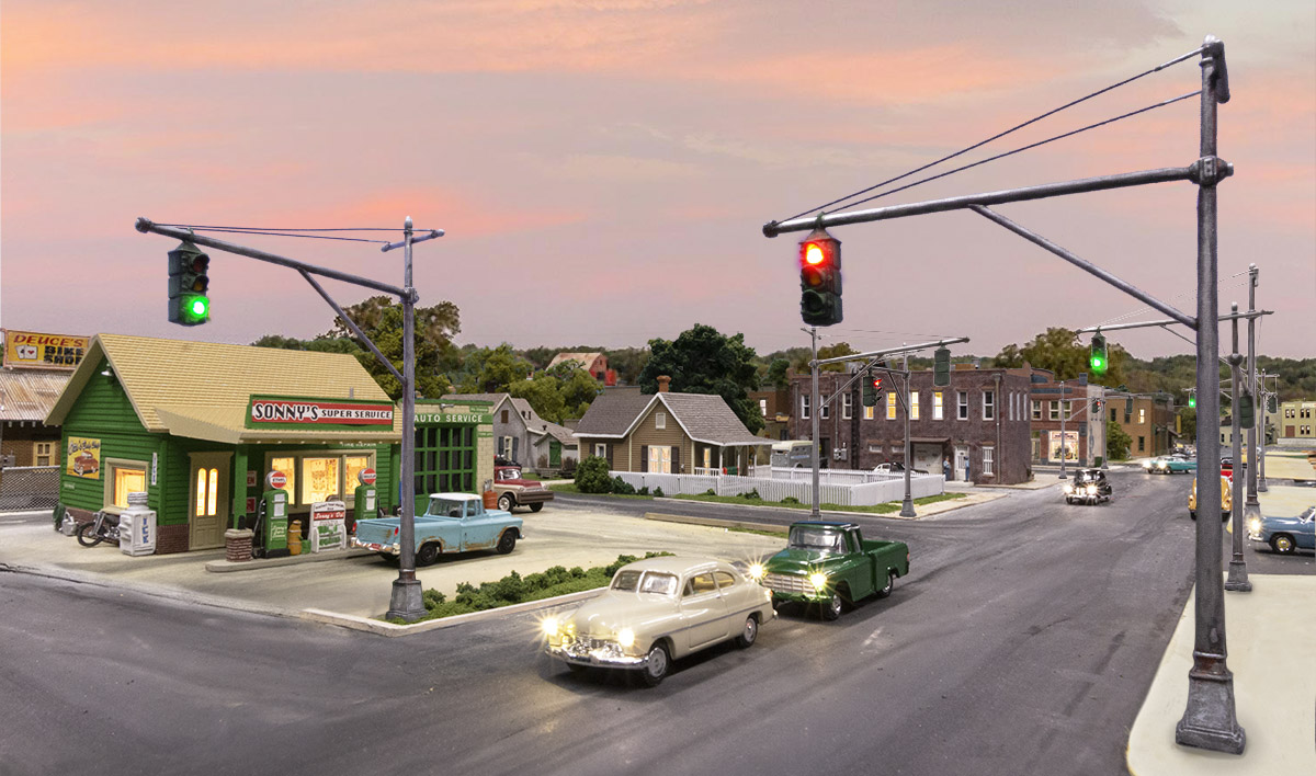 Mast Arm Traffic Lights - O Scale - The Mast Arm Traffic Lights hang over part of the intersection and are used for intersections located on suburban or small-town roads