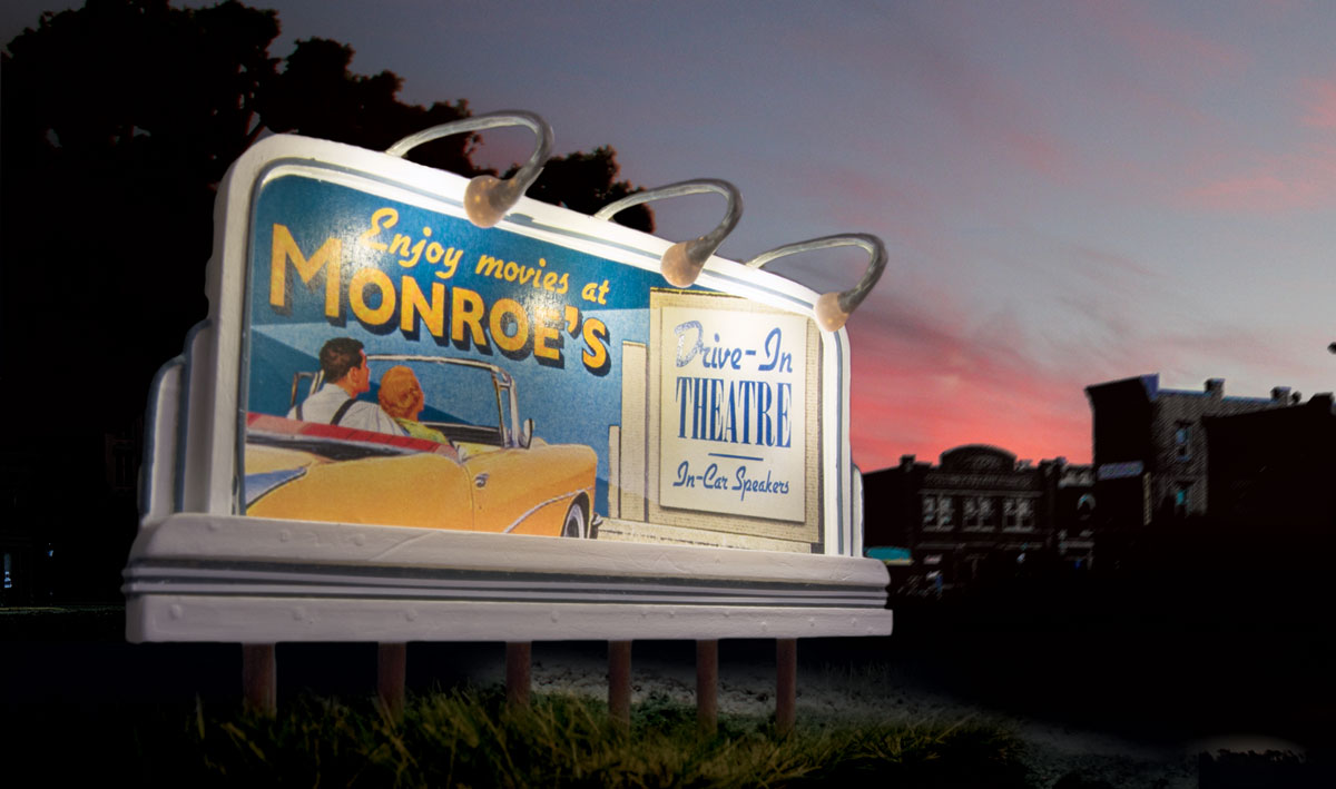 Monroe's Drive-In - HO Scale - Stop by the local drive-in to enjoy the latest blockbuster without leaving the comfort of your car