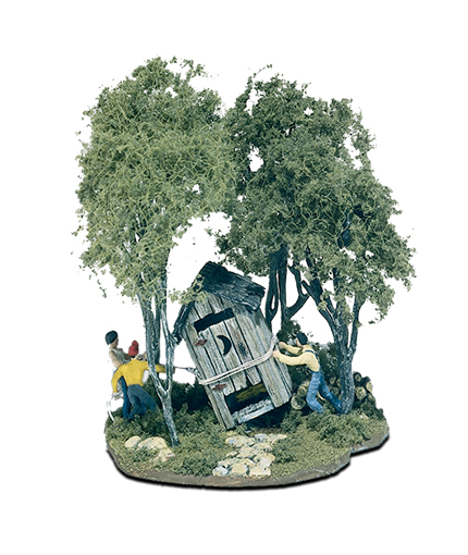 Outhouse Mischief HO Scale Kit - Three big ole boys are tipping the outhouse, stirring up trouble
