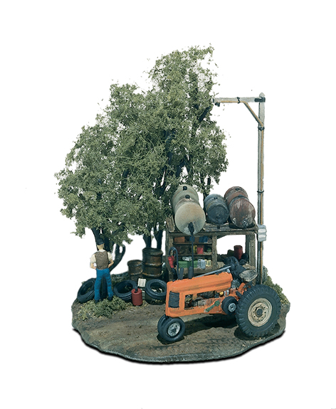 Tractor Pit Stop HO Scale Kit - After a long day of plowing, Farmer Fred finds the closest tree