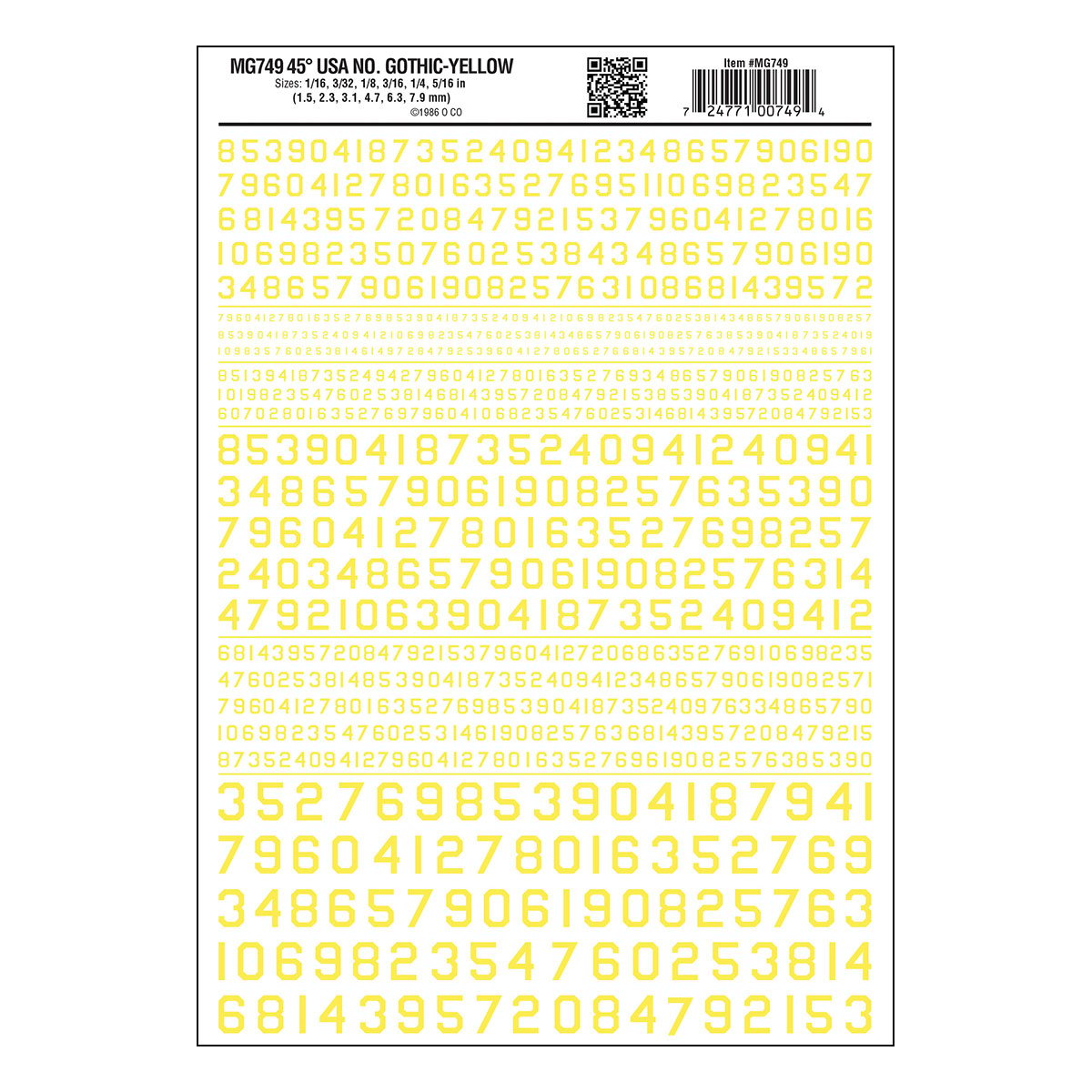 Numbers 45° USA Gothic Yellow - Package contains one sheet: 5 5/8" x 8 1/4" (14