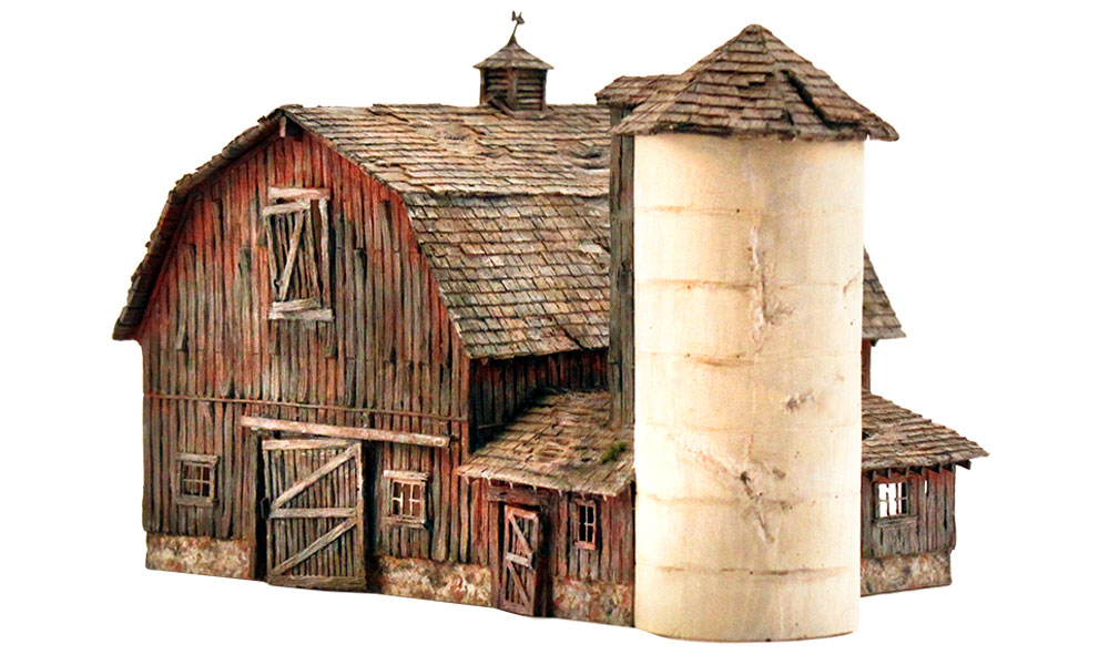 Rustic Barn - HO Scale Kit - This is a stunning representation of a traditional gambrel barn with concrete silo seen coast to coast throughout the American landscape