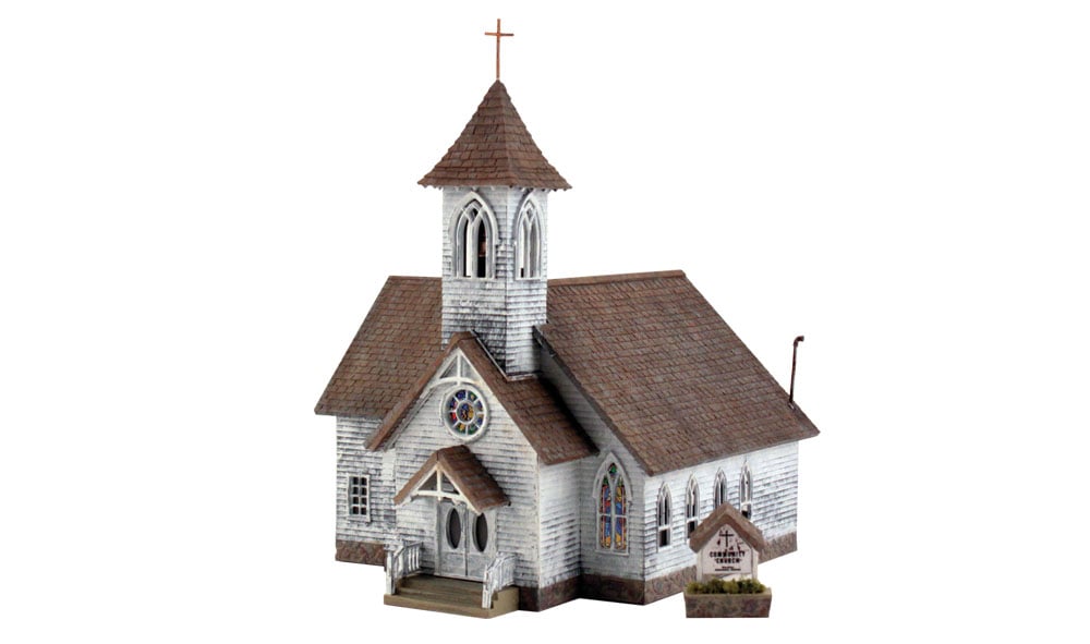Country Church - HO Scale Kit - Double doors welcome congregation members to this elegantly simple church designed with a fieldstone foundation, clapboard siding and tall windows