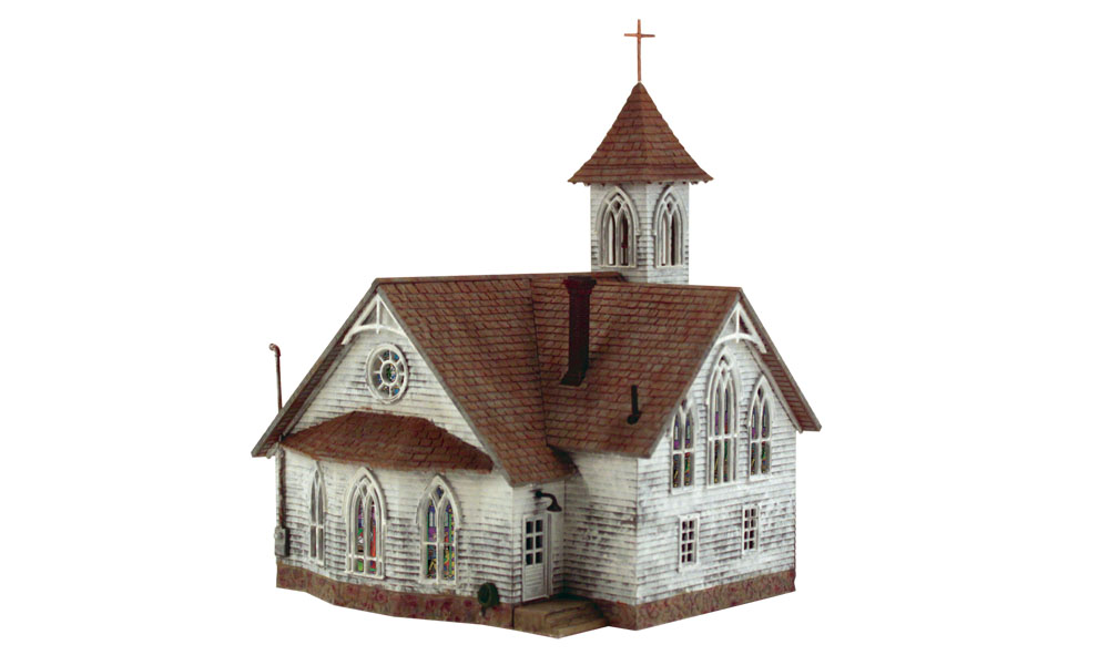 Country Church - HO Scale Kit - Double doors welcome congregation members to this elegantly simple church designed with a fieldstone foundation, clapboard siding and tall windows
