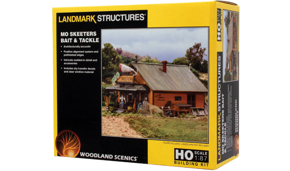 Mo Skeeters Bait & Tackle - HO Scale Kit - This rustic bait and tackle shop is architecturally accurate and features intricate molded-in detail and accessories that include a weathered metal roof and narrow clapboard siding