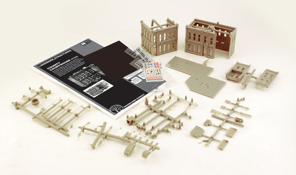 County Courthouse - N Scale Kit - This two-story, brick-patterned courthouse is a highly detailed, stately representation of American courthouses that stand at the center of every county seat