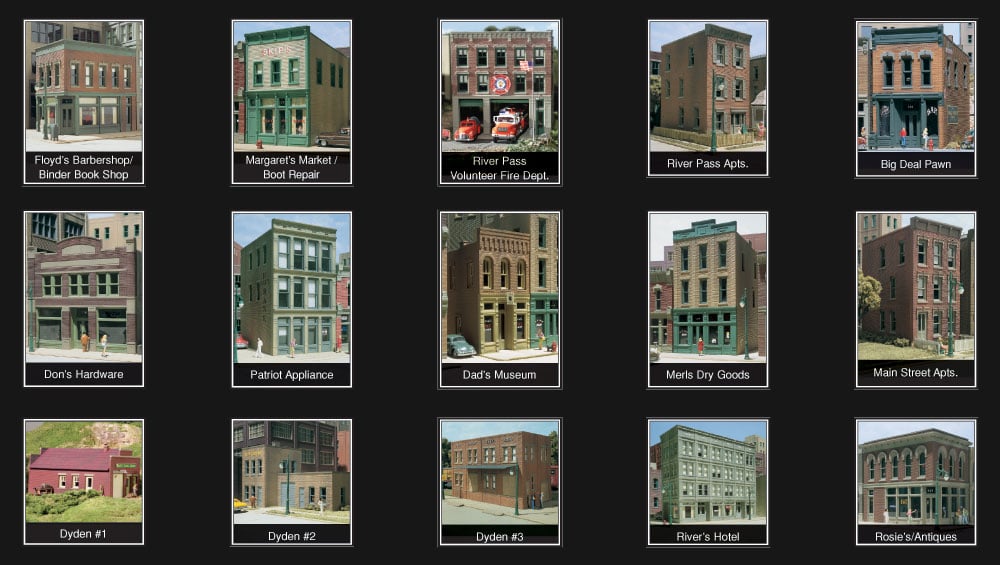 River Pass<sup>™</sup> Building Kits - HO Scale - A collection of 15 individual, architecturally detailed HO scale building kits