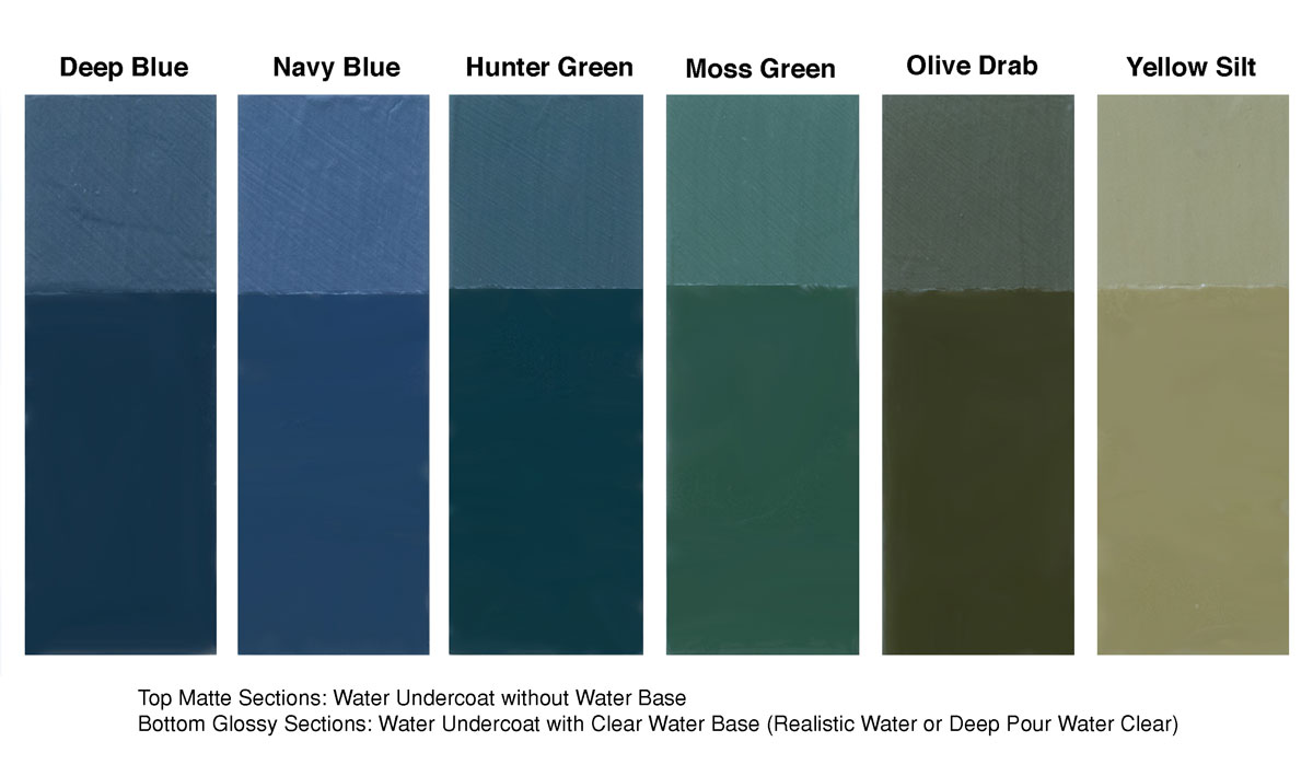 Water Undercoat™ - Specially formulated to represent authentic colors on the Forel-Ule Scale, Water Undercoat lays a base for creating dark depths to shallow shorelines, and underwater scenes for any aquatic ecosystem